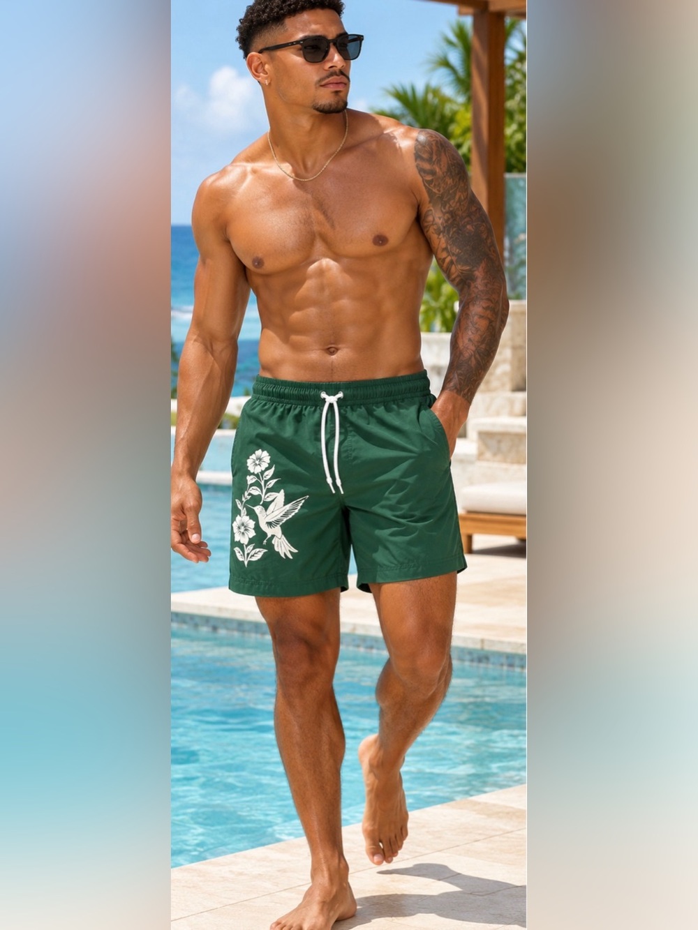 PacSun Swim Men’s Green Hummingbird Floral Swim Trunks Board Shorts